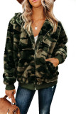 Green Camo Print Zipper Fleece Hooded Coat with Pockets