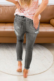 Gray Drawstring Elastic Waist Hole Ripped Jeans