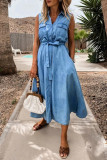 Sleeveless Button Pocket Waist Tie Denim Dress