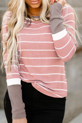Pink Extend Color Block Cuffs Rib Knit Striped Pullover