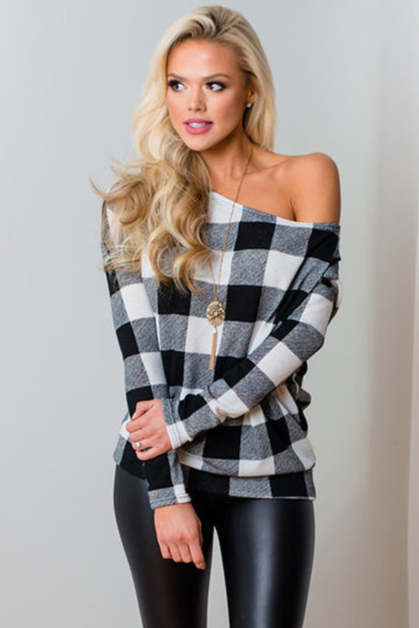 Monochrome Plaid Off Shoulder Textured Long Sleeve Top