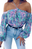 Sky Blue Allover Print Halter Neck Off Shoulder Blouse