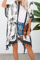 Black Bohemian Print Open Front Loose Kimono Beach Cover up