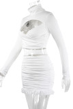 White Hollow Out Pleated Smocked Two Pieces Set