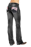 Cowboy Print Straight Wash Jeans Pants