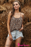 Khaki Leopard Print Spaghetti Strap Pleated Flowing Tank Top