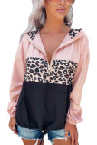 Black Leopard Patchwork Half Zip Pocketed Pullover Hoodie