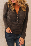 Black V Neck Buttons Ruched Long Sleeve Top