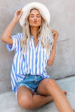 V Neck Stripes Roll up Sleeve Button Down Shirt