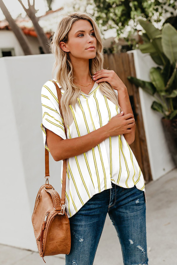 Yellow Striped Short Sleeve Buttoned Pocket Shirt