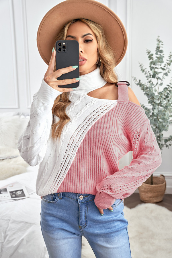 Black/Pink/Brown/Apricot Turtleneck Cold Shoulder