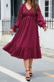 V Neck Smocked Swiss Dot Ruffles Midi Dress