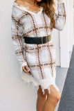 V Neck Plaid Ripped Tassle Knitting Sweater Dress
