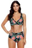 Black Floral Print V Neck Hollow Out High Waist Bikini