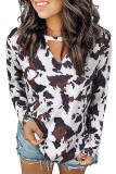 Cow Keyhole Neck Long Sleeve Blouse