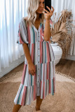 Serape Striped V Neck Buttoned Shirt Dress