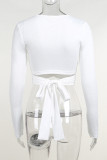 White Tie Knot Pleated Long Sleeves Crop Top