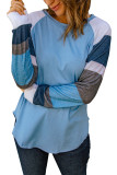 Color Block Long Sleeves Blue Pullover Top