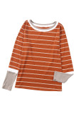 Brown Extend Color Block Cuffs Rib Knit Striped Pullover