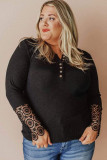 Black Lace Splicing Ribbed Long Sleeve Plus Size Top