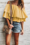 Yellow Soft Breeze Frilling Off-shoulder Top