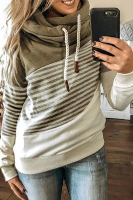 Green Cowl Neck Striped Color Block Drawstring Hoodie