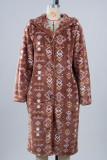 Geometric Print Open Button Long Length Hooded Coat