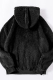 Black Drawstring Zipper Hooded Fleece Sweatshirt Coat