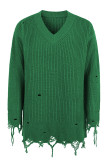 Ripped Raw Edge V Neck Plain Knit Sweaters
