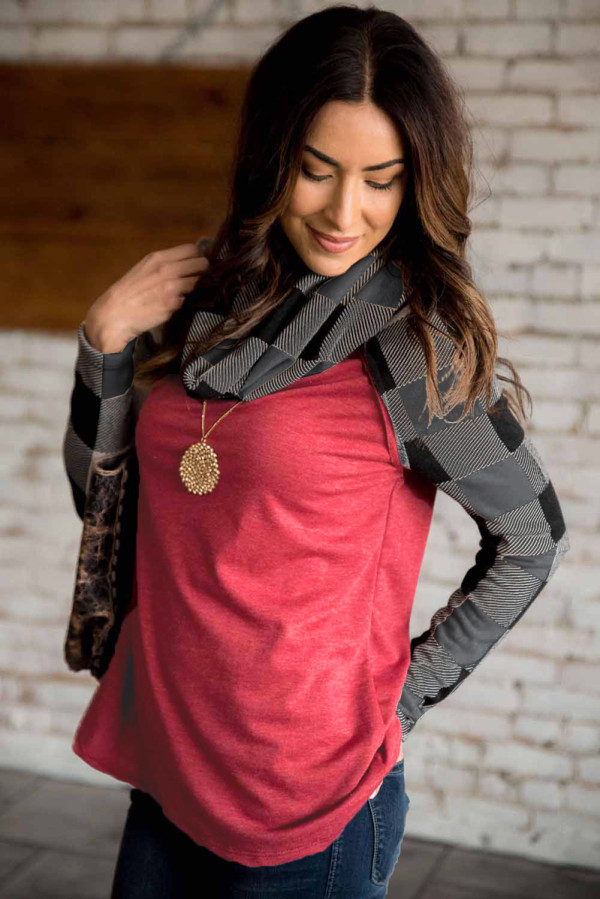 Red Cowl Neck Plaid Splice Casual Long Sleeve Top