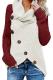 Red Button Turtle Cowl Neck Asymmetric Hem Wrap Pullover Sweater