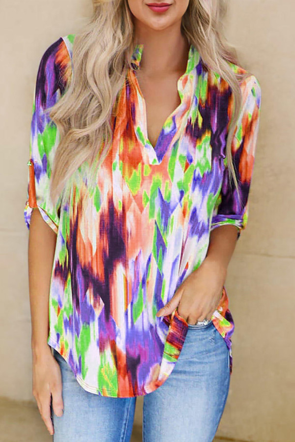 Orange Tie Dye Button Tab-Sleeve V-Neck Blouse