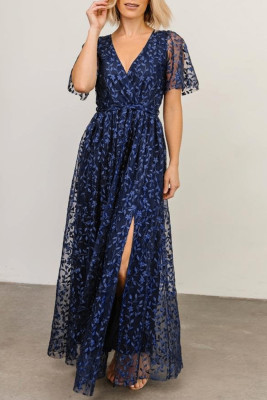 Blue Embossed Wrap V Neck Maxi Dress