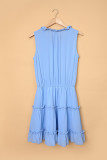 Sky Blue Sleeveless V Neck Ruffled Swing Mini Dress