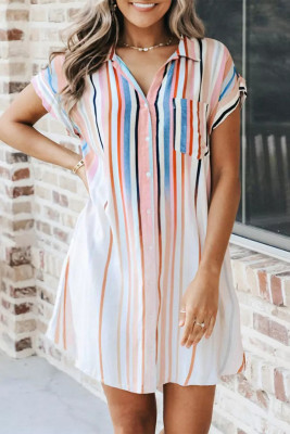 Gradient Vertical Striped Collard Button Shirt Dress