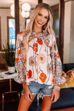 Orange Floral Print Ruffled Drawstring V Neck Blouse