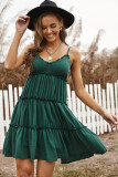 Green Spaghetti Straps Ruched Ruffled Mini Dress