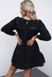 Black Crewneck Lantern Sleeve Hollow-Out Tiered Dress with Pocket