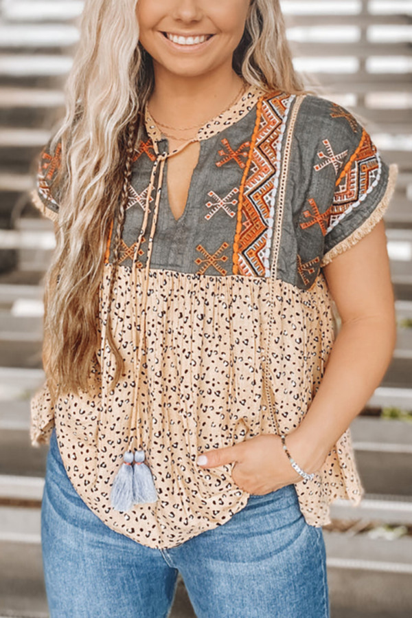 Khaki Geometric Leopard Patchwork Short Sleeve Top