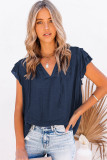 Blue Tiered Ruffled Drawstring V Neck Top