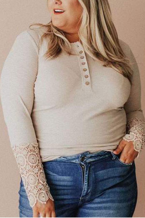 Apricot Lace Splicing Ribbed Long Sleeve Plus Size Top