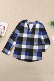Blue Contrast Plaid V Neck Long Sleeve Top