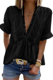 Black Ruffled V Neck Frill Hem Swiss Dot Blouse