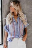 V Neck Stripes Roll up Sleeve Button Down Shirt