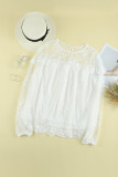 White Solid Color Crewneck Lace Mesh Ruffle Top