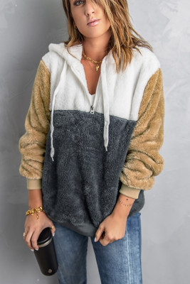 Gray Colorblock Fluffy Faux Fur Hoodie