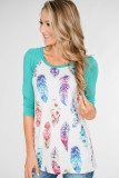 Green Feather Print 3/4 Raglan Sleeve Top