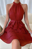 Plain Texture Halter Tiered Mini Dress