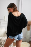 Black Zipper V-neck Dropped Sleeve Hooded Solid Sweater