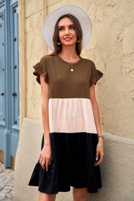 Khaki Ruffled Short Sleeve Colorblock Mini Dress